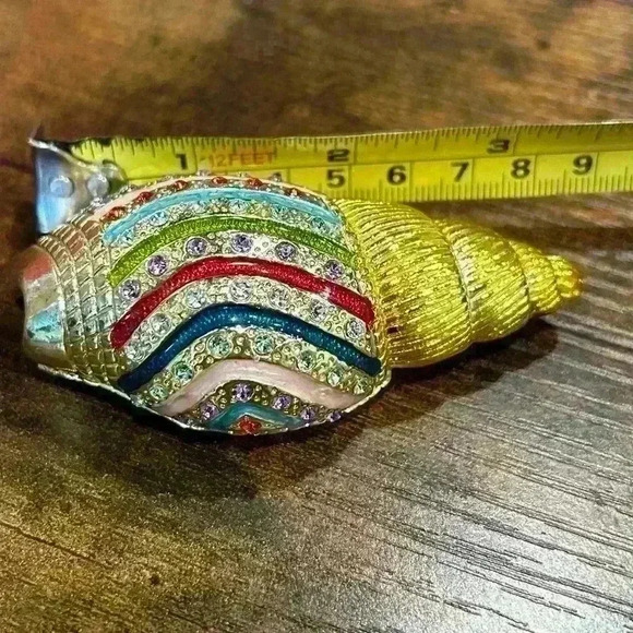 Bejeweled Gold-Tone Rainbow Rhinestone Painted Seashell Trinket Beach Ring Box - Picture 6 of 8